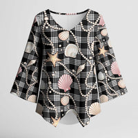 Hawaiian Ocean Seashells Kimono Sleeve Blouse Black Palaka Pattern LT01 Female Black - Polynesian Pride