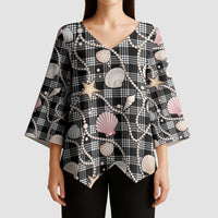 Hawaiian Ocean Seashells Kimono Sleeve Blouse Black Palaka Pattern LT01 - Polynesian Pride