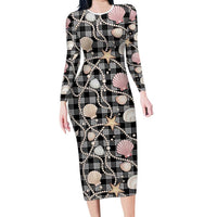 Hawaiian Ocean Seashells Long Sleeve Bodycon Dress Black Palaka Pattern LT01 Long Dress Black - Polynesian Pride