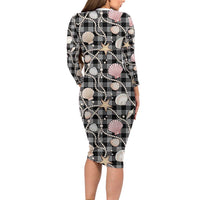 Hawaiian Ocean Seashells Long Sleeve Bodycon Dress Black Palaka Pattern LT01 - Polynesian Pride