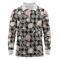 Hawaiian Ocean Seashells Long Sleeve Polo Shirt Black Palaka Pattern LT01 Black - Polynesian Pride