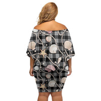 Hawaiian Ocean Seashells Off Shoulder Short Dress Black Palaka Pattern