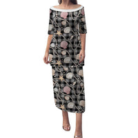 Hawaiian Ocean Seashells Puletasi Black Palaka Pattern LT01 Long Dress Black - Polynesian Pride