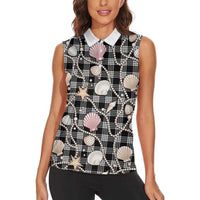 Hawaiian Ocean Seashells Women Sleeveless Polo Shirt Black Palaka Pattern LT01 - Polynesian Pride
