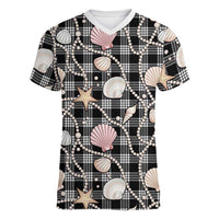 Hawaiian Ocean Seashells Women V-Neck T-Shirt Black Palaka Pattern LT01 Female Black - Polynesian Pride