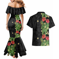 Hawaiian Hibiscus Plumeria Couples Matching Mermaid Dress and Hawaiian Shirt Tropical Leaves