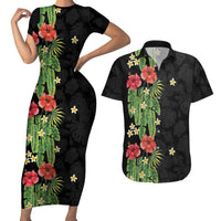 Hawaiian Hibiscus Plumeria Couples Matching Short Sleeve Bodycon Dress and Hawaiian Shirt Tropical Leaves