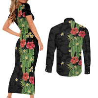 Hawaiian Hibiscus Plumeria Couples Matching Short Sleeve Bodycon Dress and Long Sleeve Button Shirt Tropical Leaves