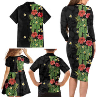 Hawaiian Hibiscus Plumeria Family Matching Long Sleeve Bodycon Dress and Hawaiian Shirt Tropical Leaves