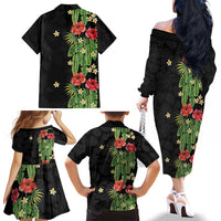 Hawaiian Hibiscus Plumeria Family Matching Off The Shoulder Long Sleeve Dress and Hawaiian Shirt Tropical Leaves