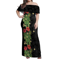 Hawaiian Hibiscus Plumeria Off Shoulder Maxi Dress Tropical Leaves LT01 Women Black - Polynesian Pride