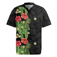 Hawaiian Hibiscus Plumeria Rugby Jersey Tropical Leaves LT01 Black - Polynesian Pride