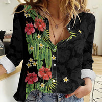 Hawaiian Hibiscus Plumeria Women Casual Shirt Tropical Leaves LT01 Female Black - Polynesian Pride