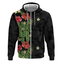 Hawaiian Hibiscus Plumeria Zip Hoodie Tropical Leaves LT01 Zip Hoodie Black - Polynesian Pride