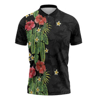Hawaiian Hibiscus Plumeria Zipper Polo Shirt Tropical Leaves LT01 Black - Polynesian Pride