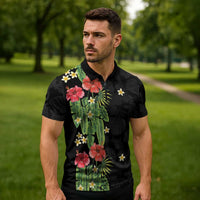 Hawaiian Hibiscus Plumeria Zipper Polo Shirt Tropical Leaves LT01 - Polynesian Pride