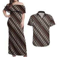 Yogyakarta Parang Batik Motifs Couples Matching Off Shoulder Maxi Dress and Hawaiian Shirt Indonesian Traditional Pattern