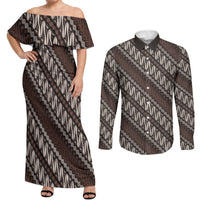 Yogyakarta Parang Batik Motifs Couples Matching Off Shoulder Maxi Dress and Long Sleeve Button Shirt Indonesian Traditional Pattern LT01 Brown - Polynesian Pride