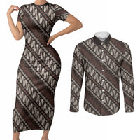 Yogyakarta Parang Batik Motifs Couples Matching Short Sleeve Bodycon Dress and Long Sleeve Button Shirt Indonesian Traditional Pattern LT01 Brown - Polynesian Pride