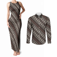 Yogyakarta Parang Batik Motifs Couples Matching Tank Maxi Dress and Long Sleeve Button Shirt Indonesian Traditional Pattern LT01 Brown - Polynesian Pride