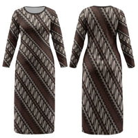 Yogyakarta Parang Batik Motifs Family Matching Long Sleeve Bodycon Dress and Hawaiian Shirt Indonesian Traditional Pattern LT01 Mom's Dress Brown - Polynesian Pride