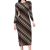 Yogyakarta Parang Batik Motifs Long Sleeve Bodycon Dress Indonesian Traditional Pattern LT01 Long Dress Brown - Polynesian Pride