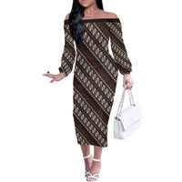 Yogyakarta Parang Batik Motifs Off The Shoulder Long Sleeve Dress Indonesian Traditional Pattern LT01 Women Brown - Polynesian Pride