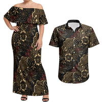 Batik Sekar Jagad Couples Matching Off Shoulder Maxi Dress and Hawaiian Shirt Indonesian Traditional Pattern LT01 Black - Polynesian Pride
