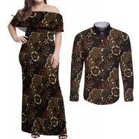 Batik Sekar Jagad Couples Matching Off Shoulder Maxi Dress and Long Sleeve Button Shirt Indonesian Traditional Pattern