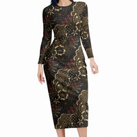 Batik Sekar Jagad Long Sleeve Bodycon Dress Indonesian Traditional Pattern LT01 Long Dress Black - Polynesian Pride