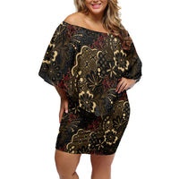 Batik Sekar Jagad Off Shoulder Short Dress Indonesian Traditional Pattern LT01 Women Black - Polynesian Pride