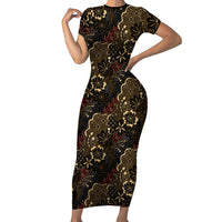 Batik Sekar Jagad Short Sleeve Bodycon Dress Indonesian Traditional Pattern LT01 Long Dress Black - Polynesian Pride