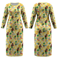 Hawaii Hula Girl Tropical Couples Matching Long Sleeve Bodycon Dress and Hawaiian Shirt Yellow Palaka