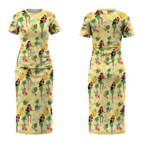 Hawaii Hula Girl Tropical Couples Matching Short Sleeve Bodycon Dress and Hawaiian Shirt Yellow Palaka