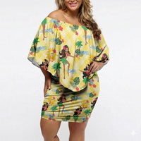 Hawaii Hula Girl Tropical Off Shoulder Short Dress Yellow Palaka