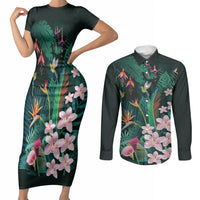 Hawaii Hummingbird Tropical Flowers Couples Matching Short Sleeve Bodycon Dress and Long Sleeve Button Shirt Dark Green