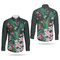 Hawaii Hummingbird Tropical Flowers Couples Matching Tank Maxi Dress and Long Sleeve Button Shirt Dark Green