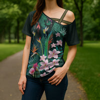 Hawaii Hummingbird Tropical Flowers Cross Shoulder Shirt Dark Green