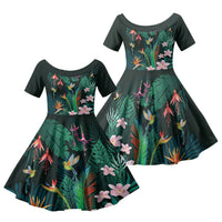 Hawaii Hummingbird Tropical Flowers Family Matching Off Shoulder Maxi Dress and Hawaiian Shirt Dark Green