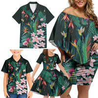 Hawaii Hummingbird Tropical Flowers Family Matching Off Shoulder Short Dress and Hawaiian Shirt Dark Green LT01 - Polynesian Pride