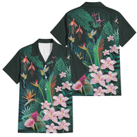 Hawaii Hummingbird Tropical Flowers Family Matching Short Sleeve Bodycon Dress and Hawaiian Shirt Dark Green