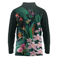 Hawaii Hummingbird Tropical Flowers Long Sleeve Polo Shirt Dark Green