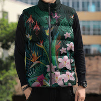 Hawaii Hummingbird Tropical Flowers Sleeveless Puffer Jacket Dark Green