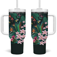 Hawaii Hummingbird Tropical Flowers Tumbler With Handle Dark Green