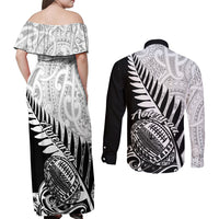 New Zealand Silver Fern Rugby Couples Matching Off Shoulder Maxi Dress and Long Sleeve Button Shirts Aotearoa Maori Black Version LT01 - Polynesian Pride