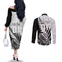 Custom New Zealand Silver Fern Rugby Couples Matching Off The Shoulder Long Sleeve Dress and Long Sleeve Button Shirts Aotearoa Maori Black Version LT01 - Polynesian Pride
