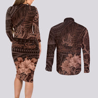 Bula Fiji Masi Couples Matching Long Sleeve Bodycon Dress and Long Sleeve Button Shirt Fijian Tapa Vintage Dark Brown Version LT01 - Polynesian Pride