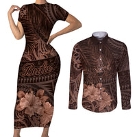 Bula Fiji Masi Couples Matching Short Sleeve Bodycon Dress and Long Sleeve Button Shirt Fijian Tapa Vintage Dark Brown Version LT01 Brown - Polynesian Pride