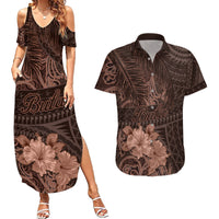 Bula Fiji Masi Couples Matching Summer Maxi Dress and Hawaiian Shirt Fijian Tapa Vintage Dark Brown Version LT01 Brown - Polynesian Pride