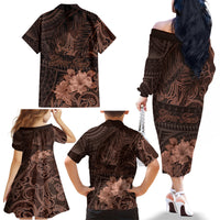 Bula Fiji Masi Family Matching Off Shoulder Long Sleeve Dress and Hawaiian Shirt Fijian Tapa Vintage Dark Brown Version LT01 - Polynesian Pride